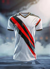 A white jersey mockup with red and black accents